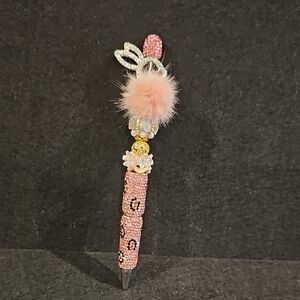 Pink Bunny Sparkle Pen | Rhinestone Beaded Whimsy Pen | Faux Fur Pom Pom | Cute